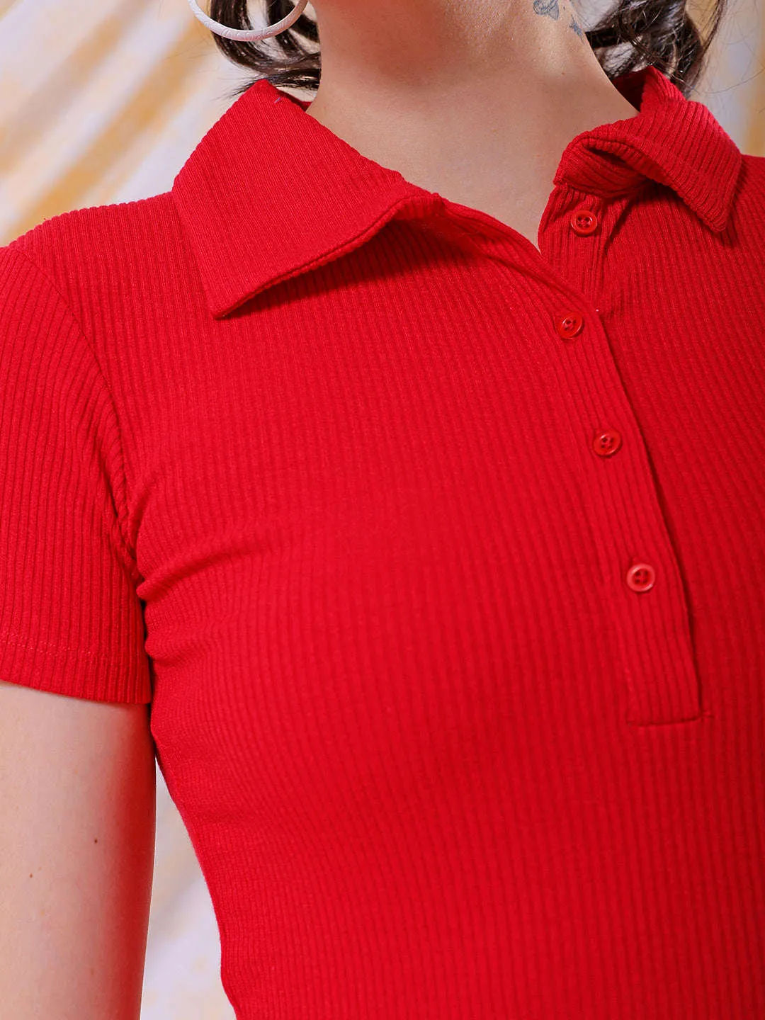 Freehand Women Red Fitted Solid Collared Shirt Style