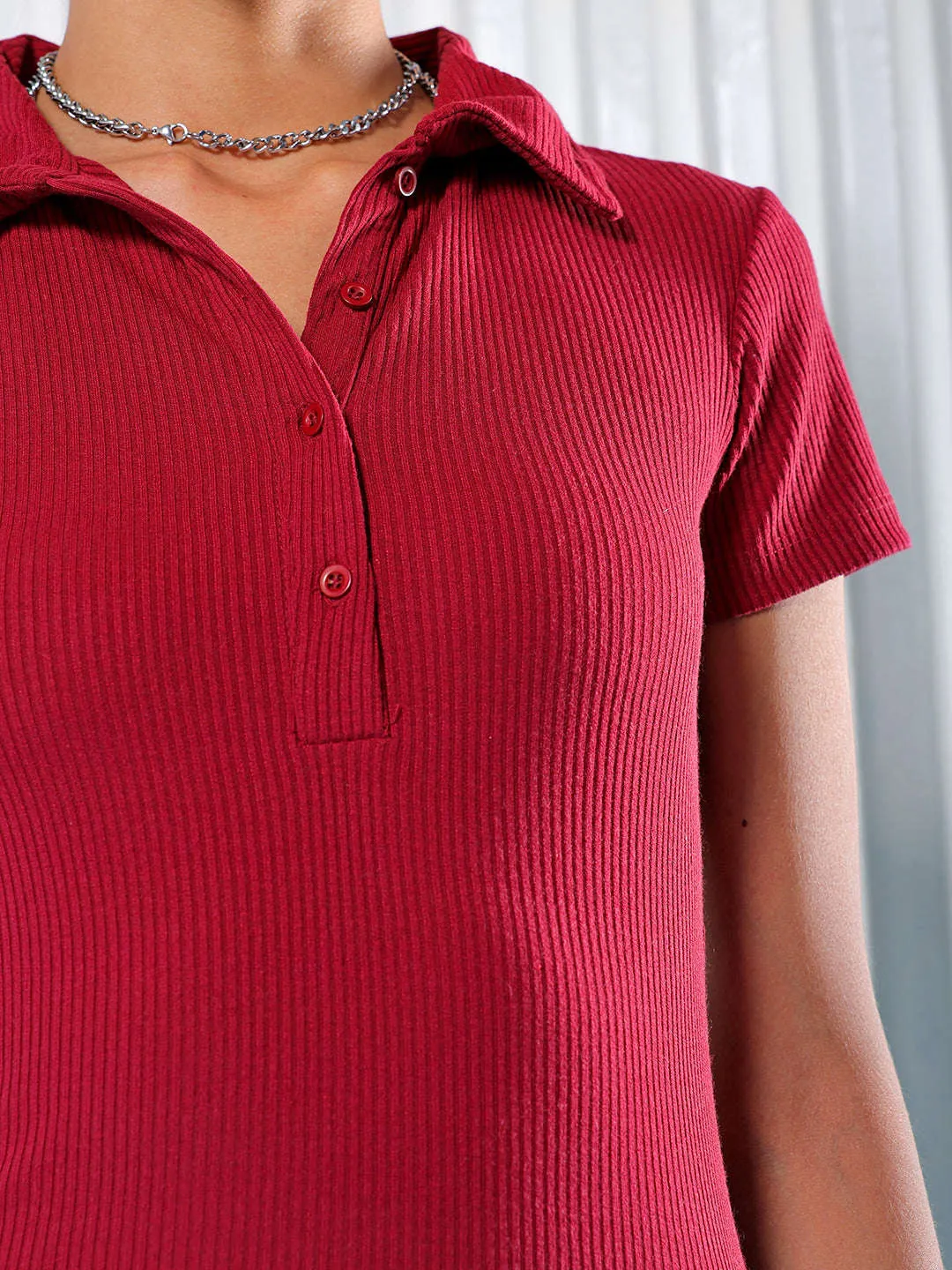 Freehand Women Red Fitted Solid Collared Shirt Style