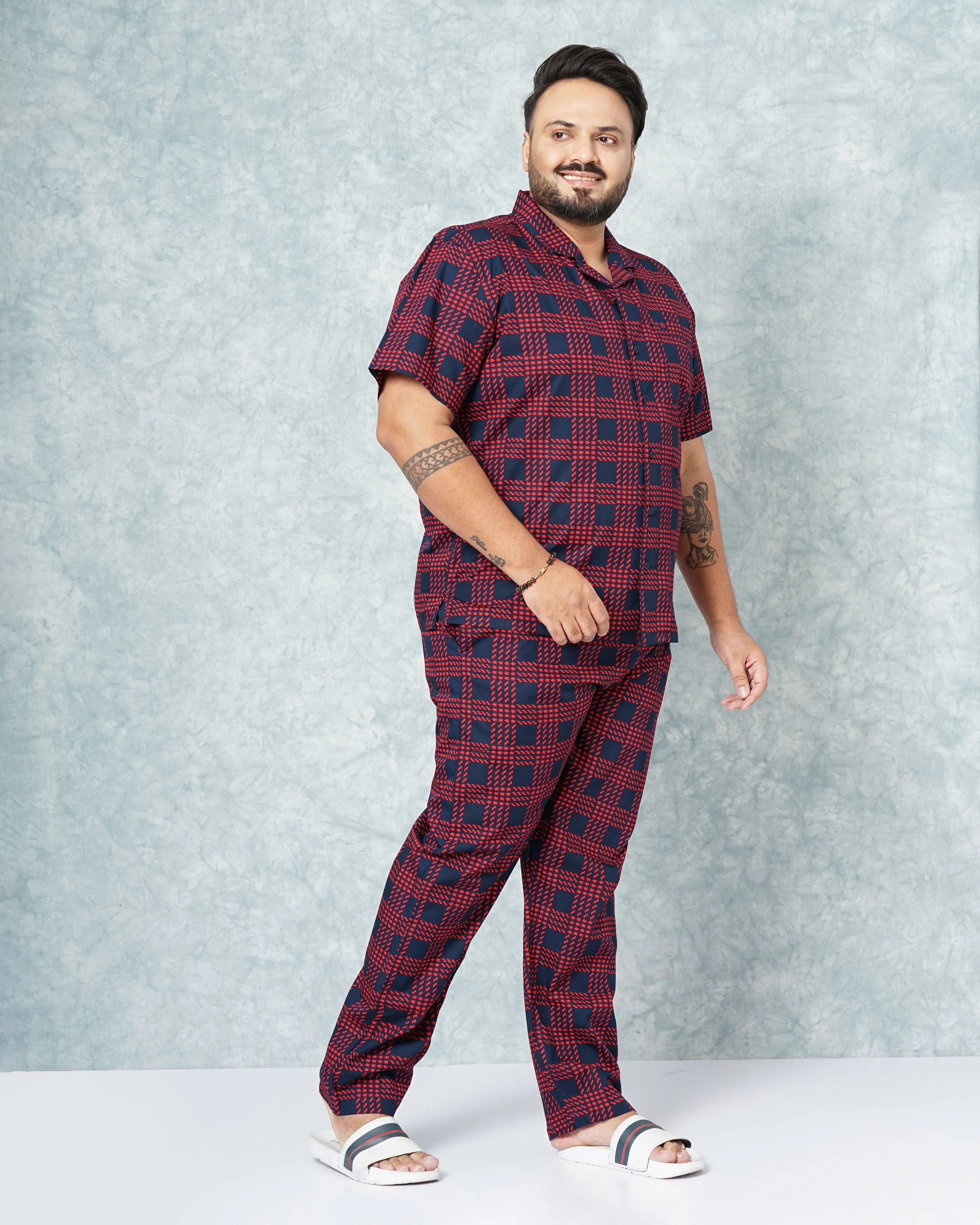 Hardsoda Men Red Plus Size Checked Lounge Set