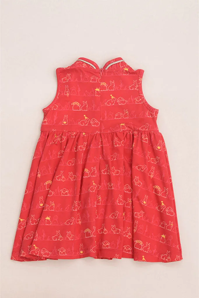 Chic Red Bunny Print Jersey Flare Cheongsam Dress