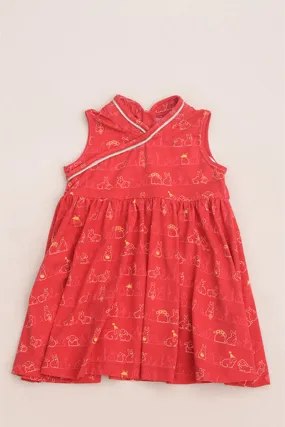 Chic Red Bunny Print Jersey Flare Cheongsam Dress