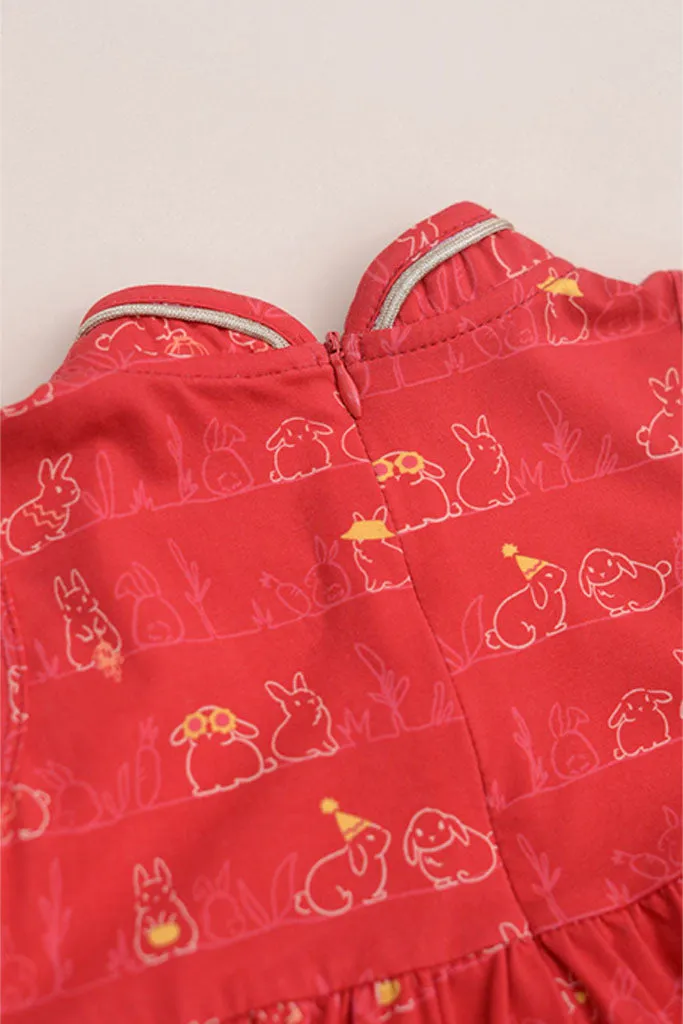 Chic Red Bunny Print Jersey Flare Cheongsam Dress