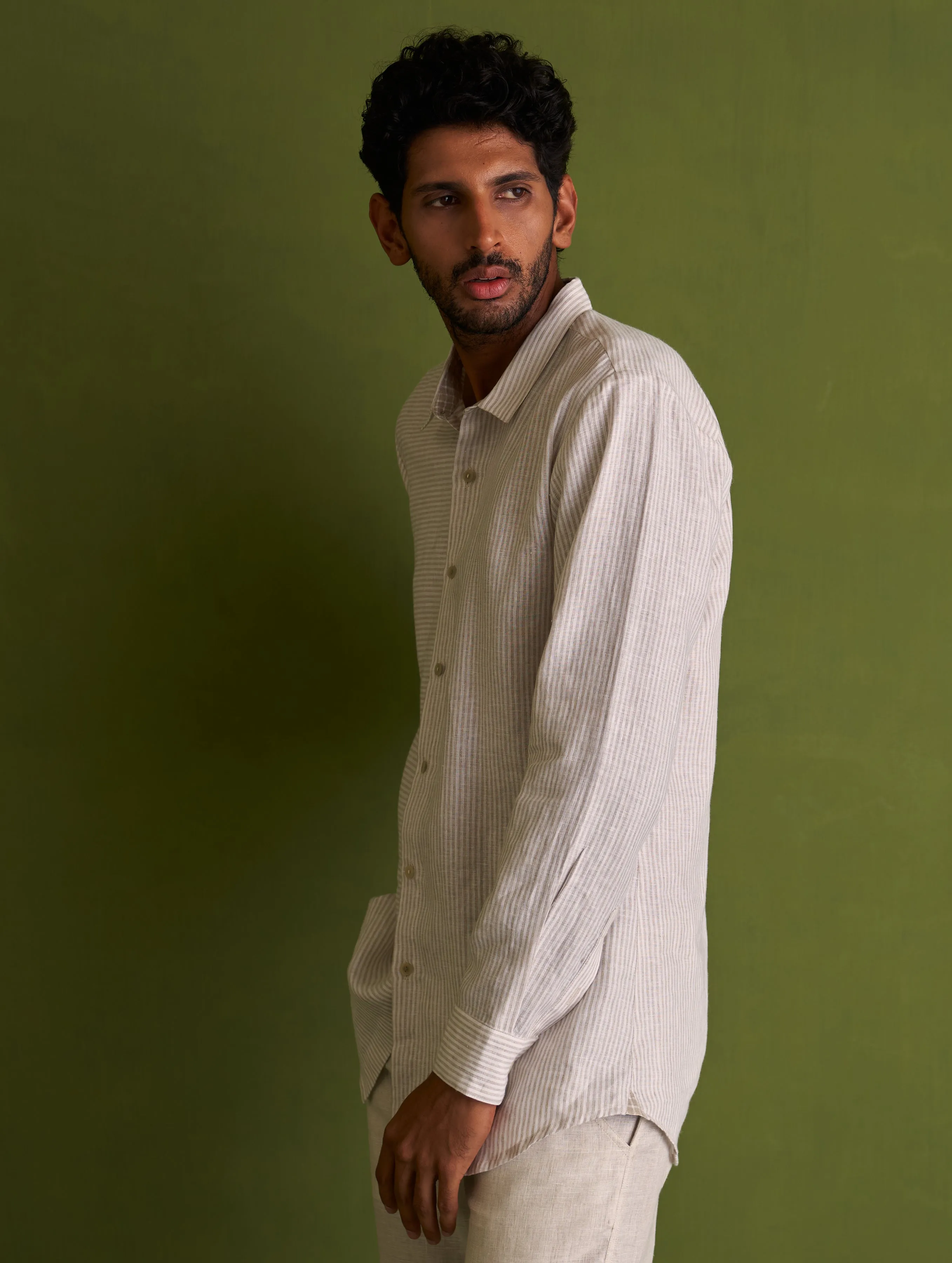 Kazumi Linen Shirt - Beige Stripe