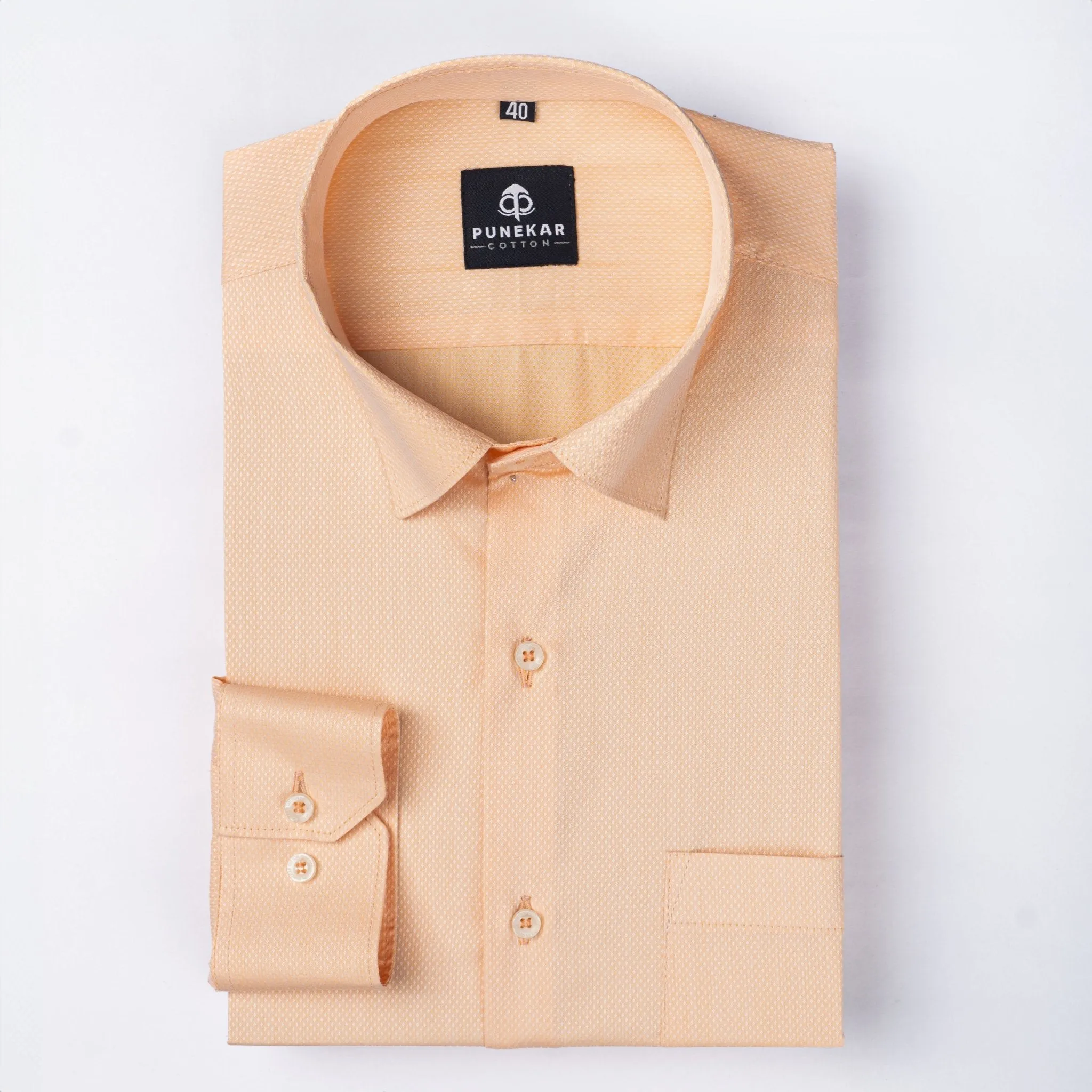 Light Orange Color Dotted Dobby Cotton Shirt For Men