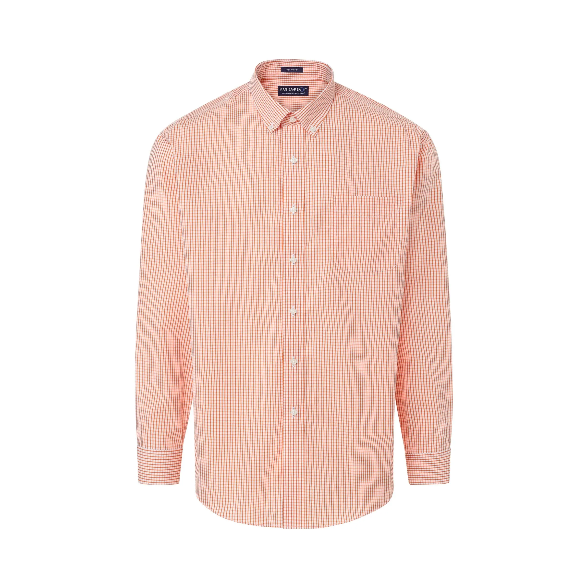 Long Sleeve Orange and White Classic Button Down Collar Check Shirt with Magnetic Closures