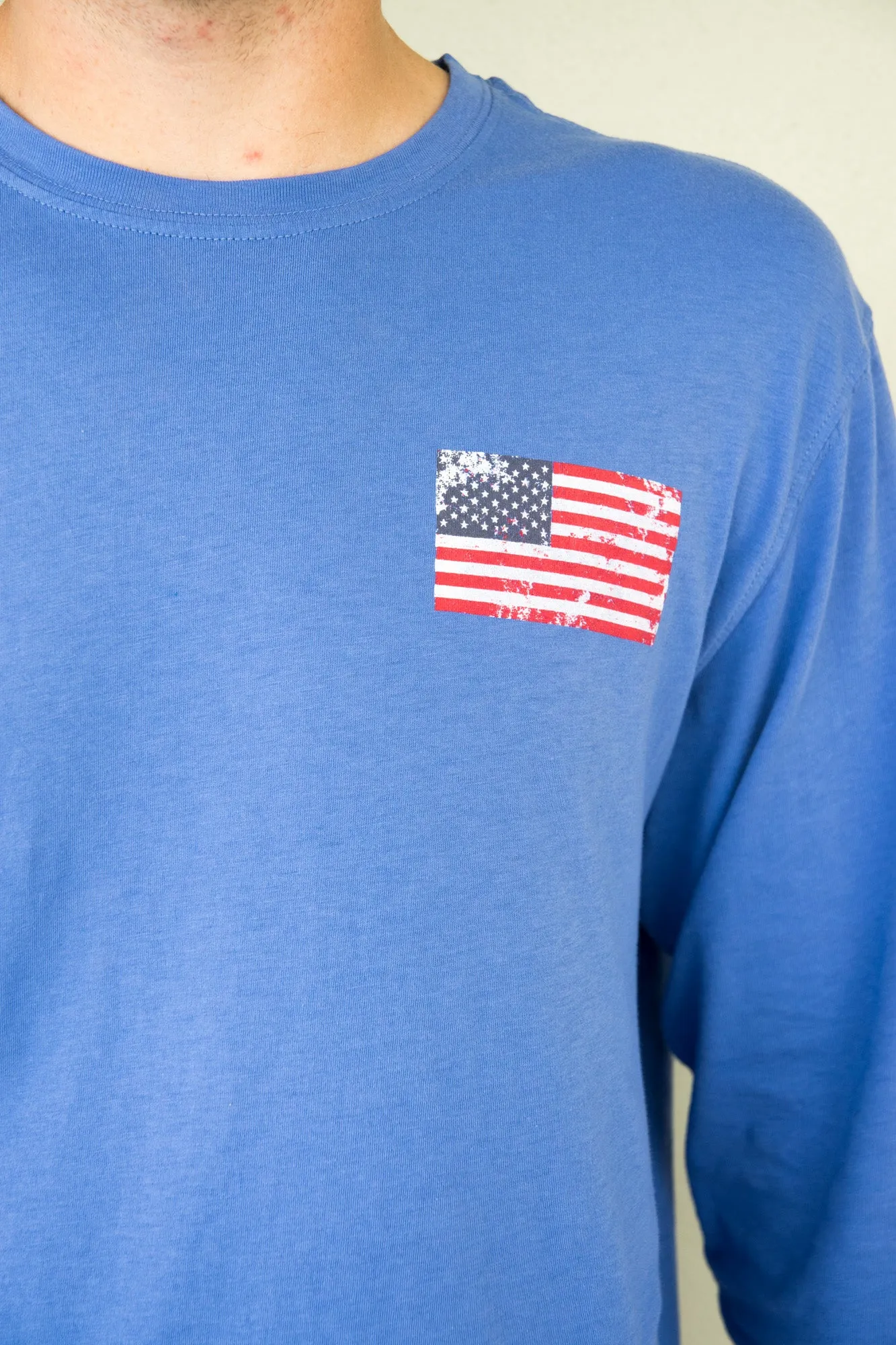 Long Sleeve USA Flag Patch T-shirt - Barbuda Blue