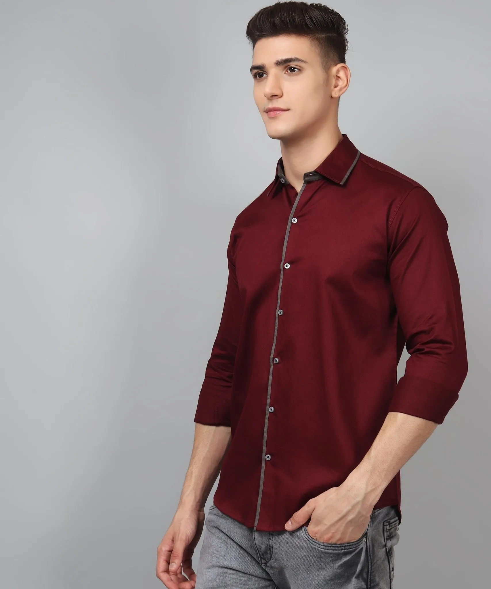 Luxurious Partywear TryBuy Premium WineRed Cotton Solid Button-Up Shirt for Men