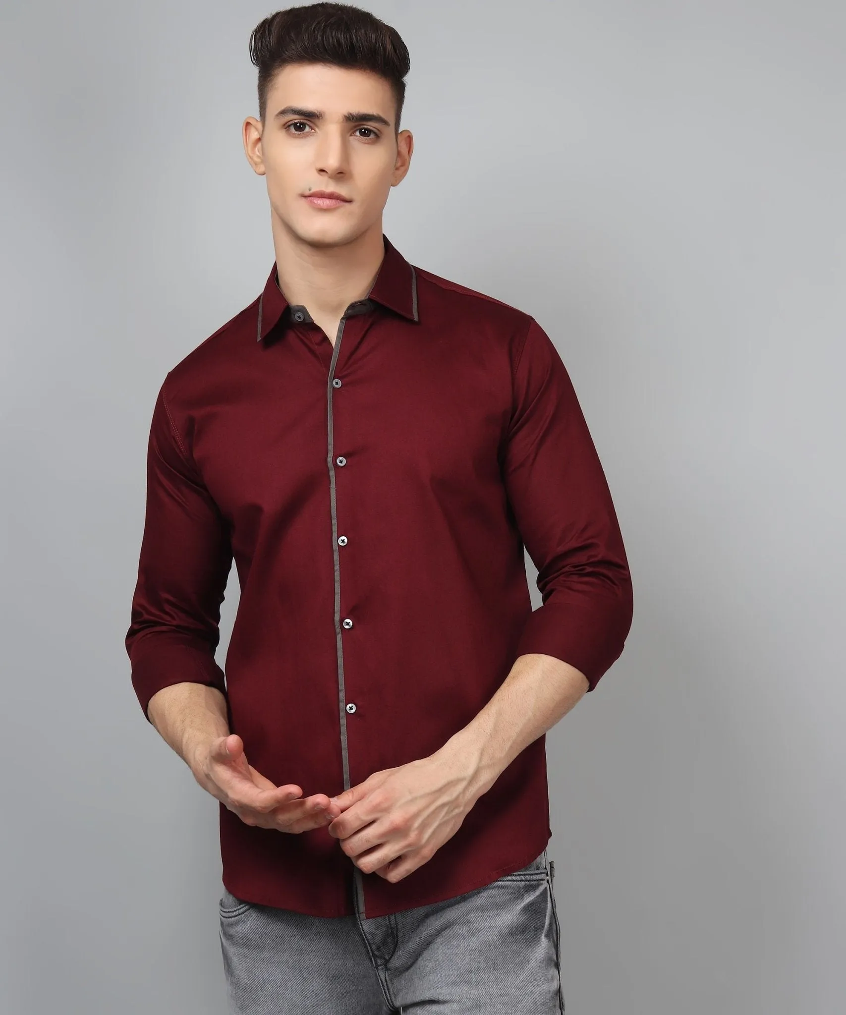 Luxurious Partywear TryBuy Premium WineRed Cotton Solid Button-Up Shirt for Men