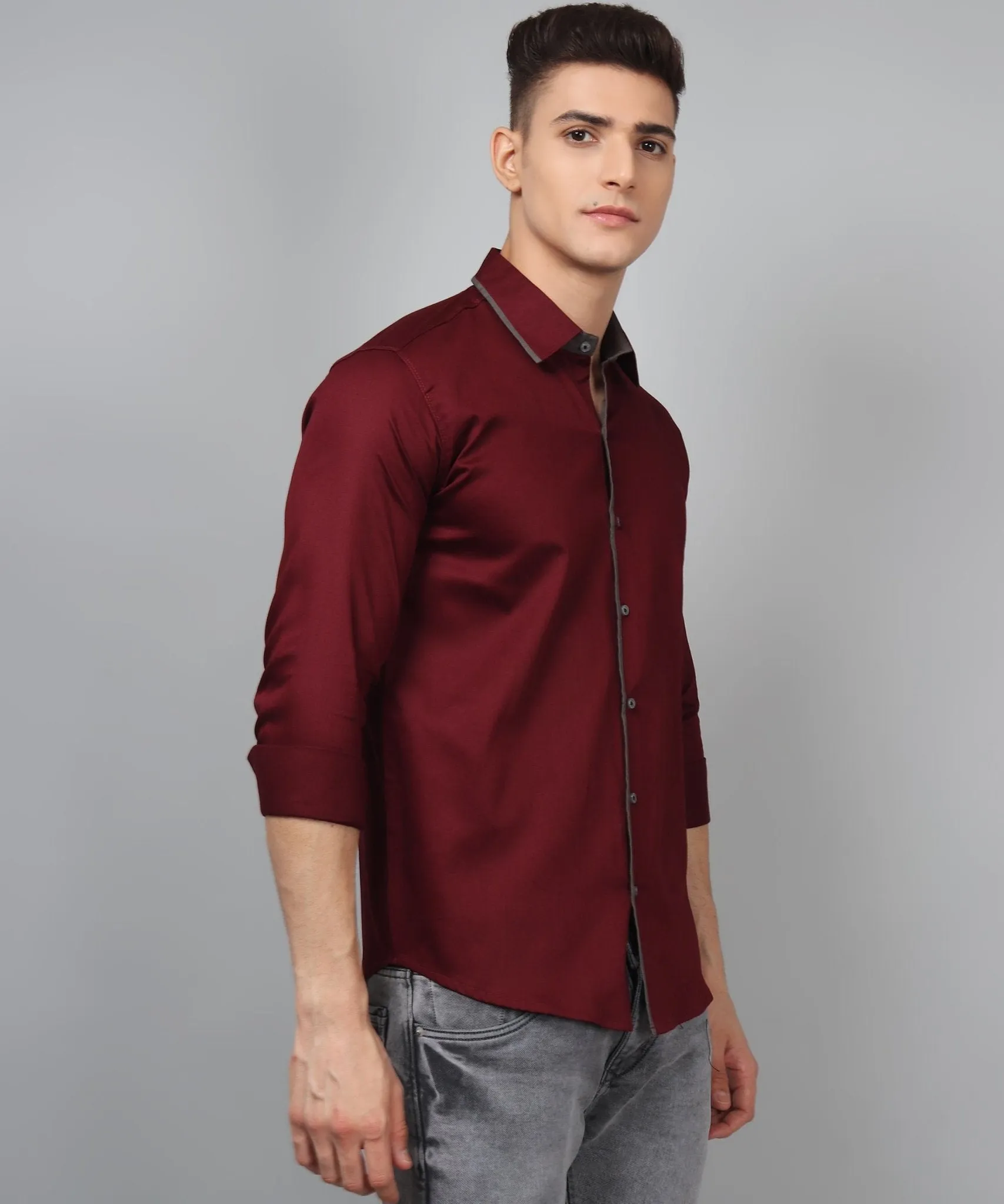 Luxurious Partywear TryBuy Premium WineRed Cotton Solid Button-Up Shirt for Men