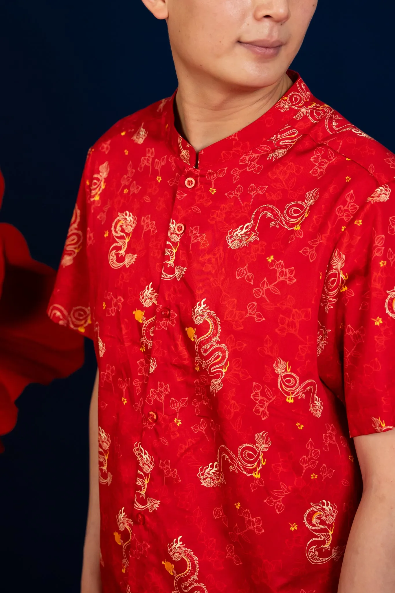 Men's Mandarin-collared Shirt - Red Dragon Pearl