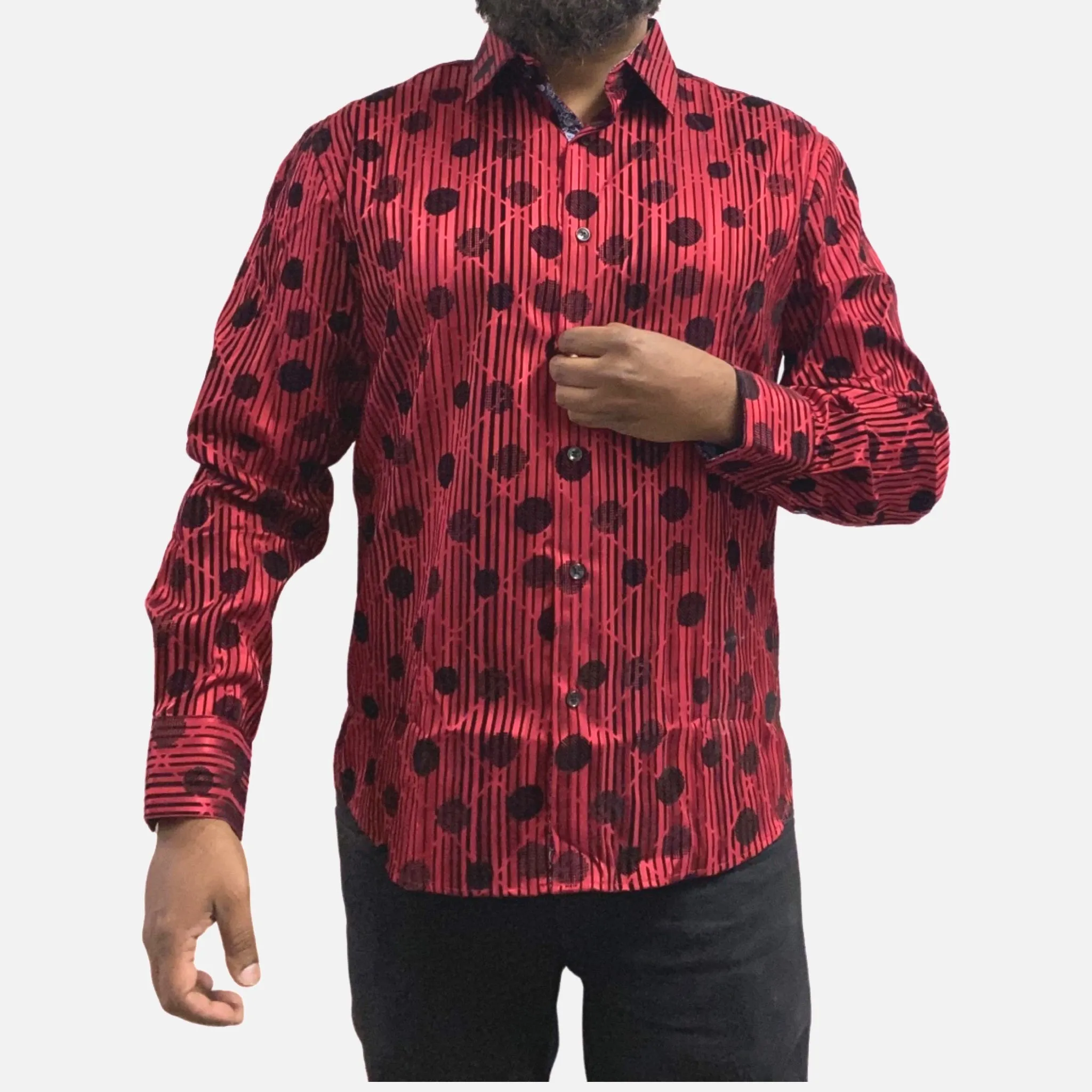 Men's Slim Fit Red Button-Up Shirt with Black Dot and Stripe Flocking Designer