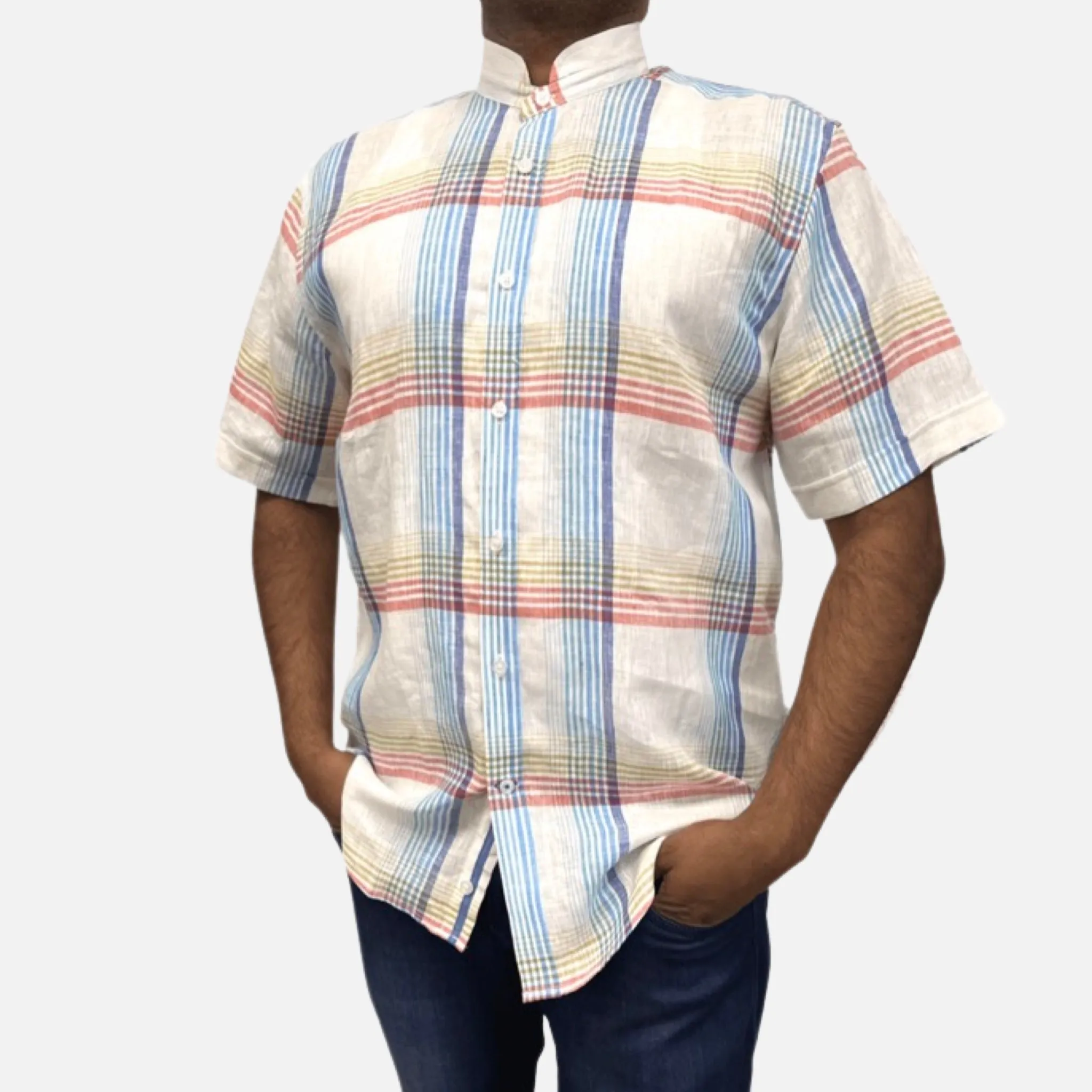 Nero Collar White Multi Linen shirt for Men | 100% Linen | Clearance