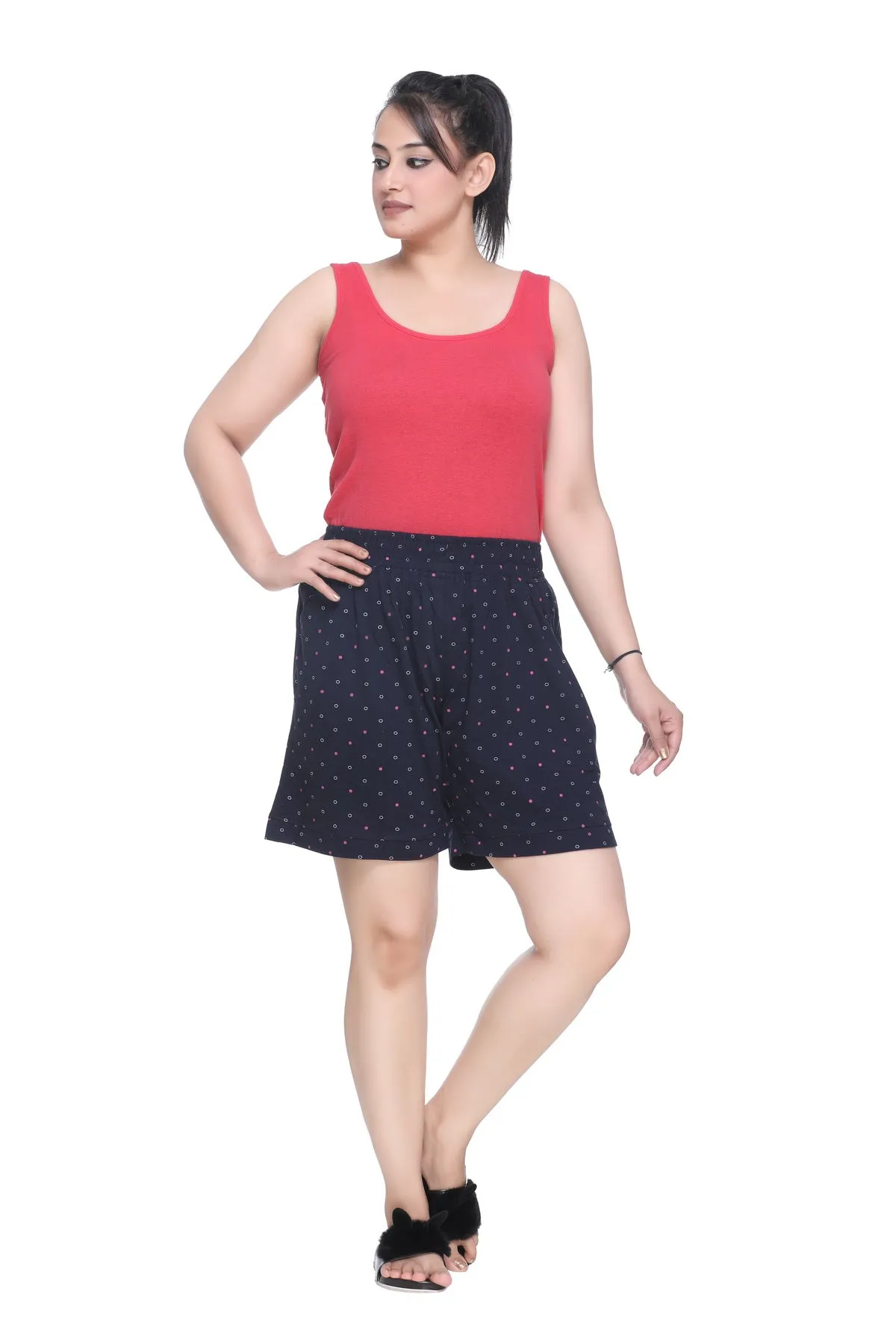 Plus Size Cotton Shorts For Women - Printed Bermuda Combo (Coral Red & Navy Blue)