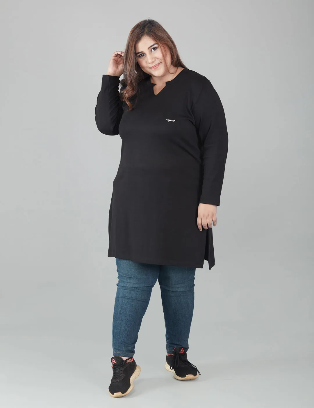 Plus Size Full Sleeves Long Top For Women - Black