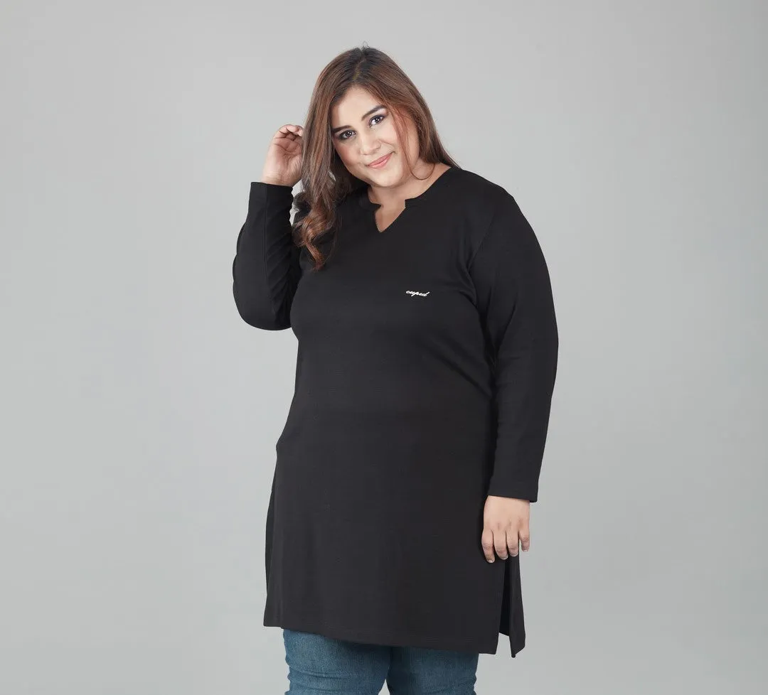 Plus Size Full Sleeves Long Top For Women - Black