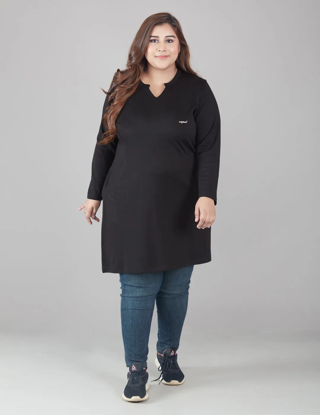 Plus Size Full Sleeves Long Top For Women - Black