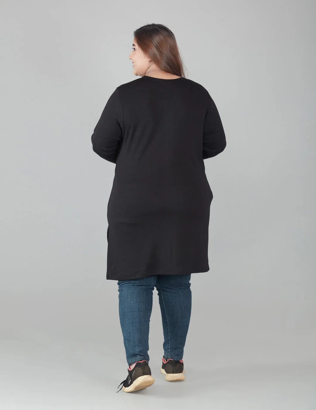 Plus Size Full Sleeves Long Top For Women - Black