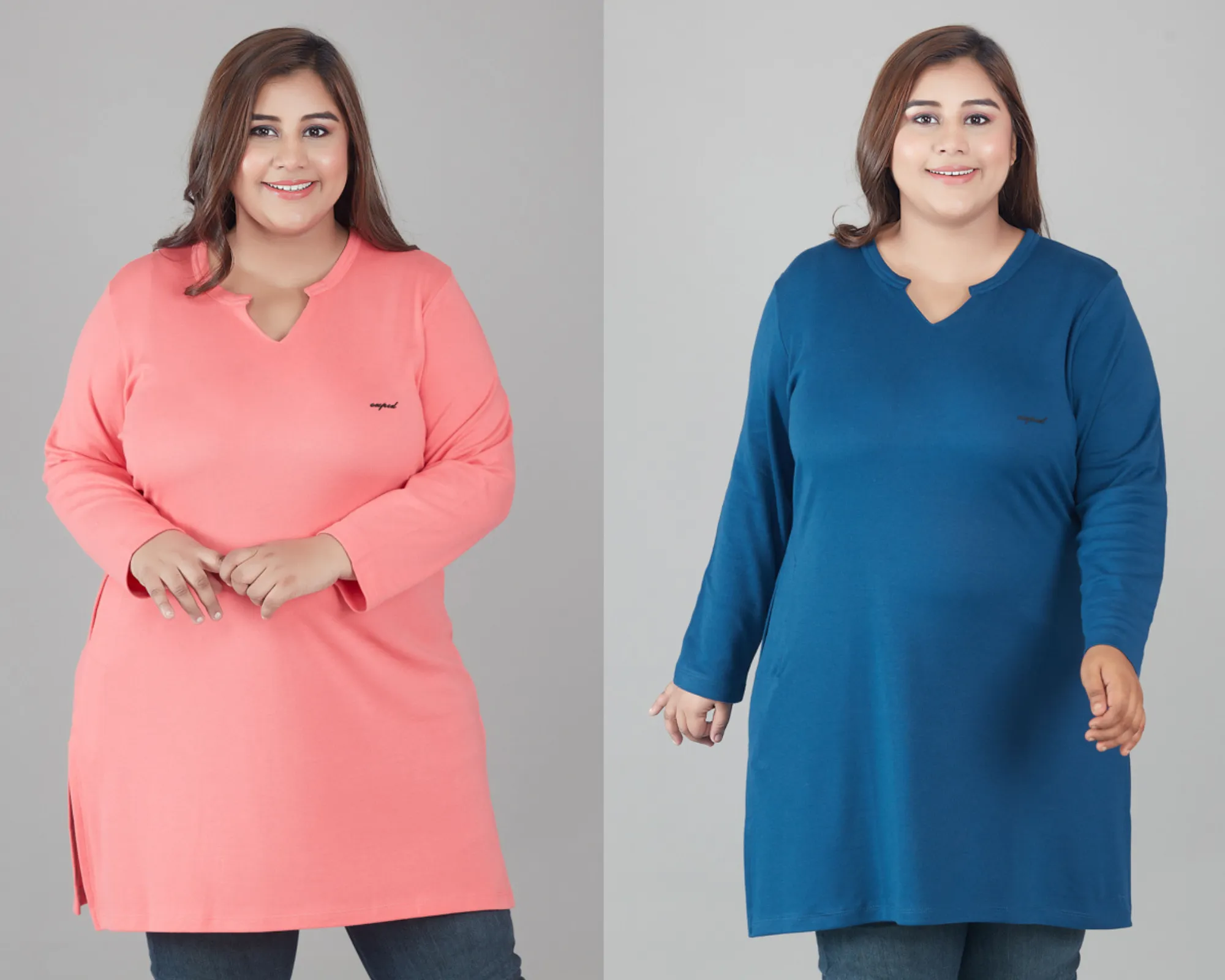 Plus Size Full Sleeves Long Tops For Women - Pack of 2 (Pink & Blue)