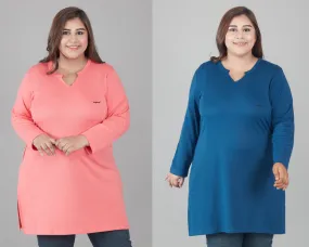 Plus Size Full Sleeves Long Tops For Women - Pack of 2 (Pink & Blue)