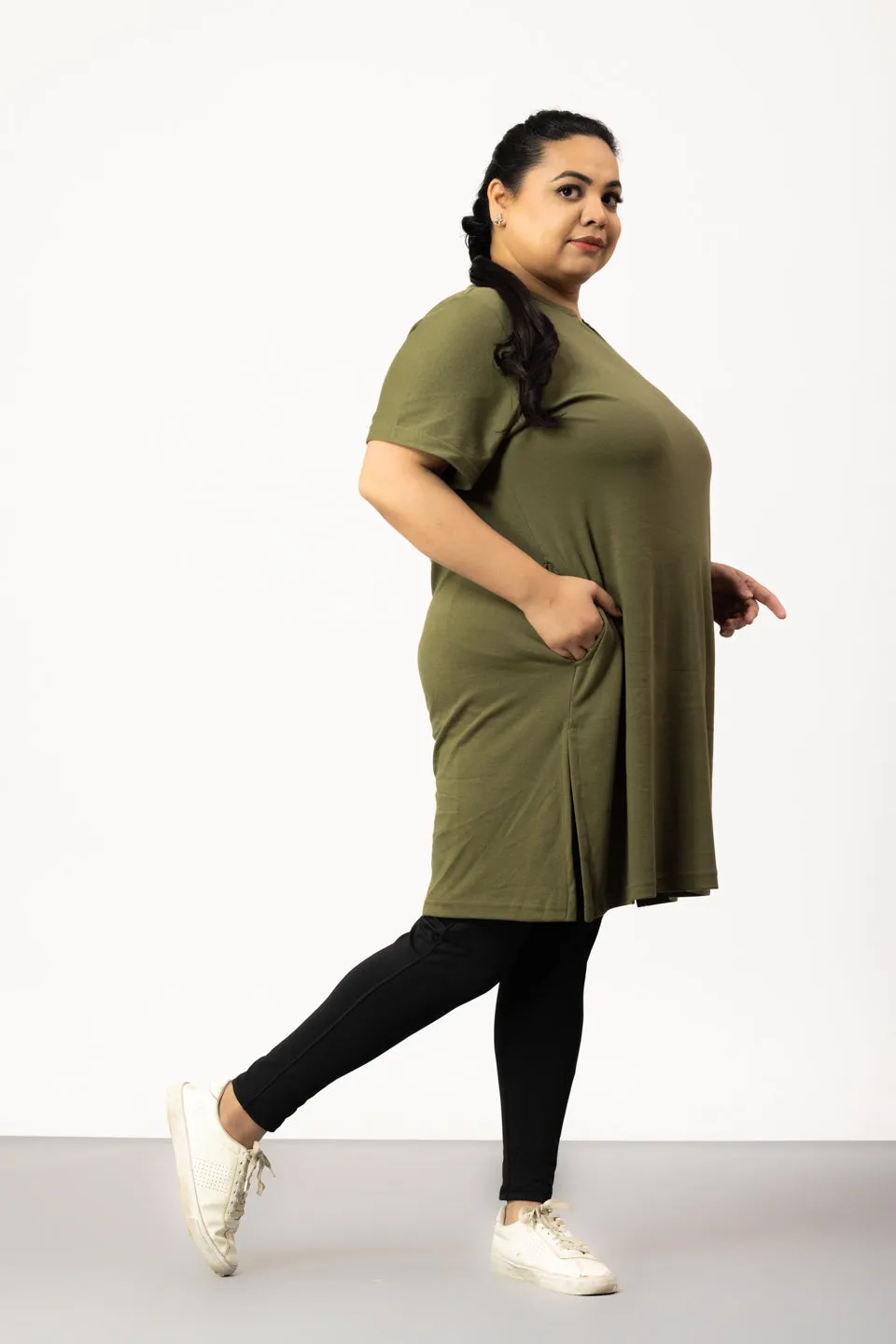 Plus Size Half Sleeves Long Top For Women - Olive Green