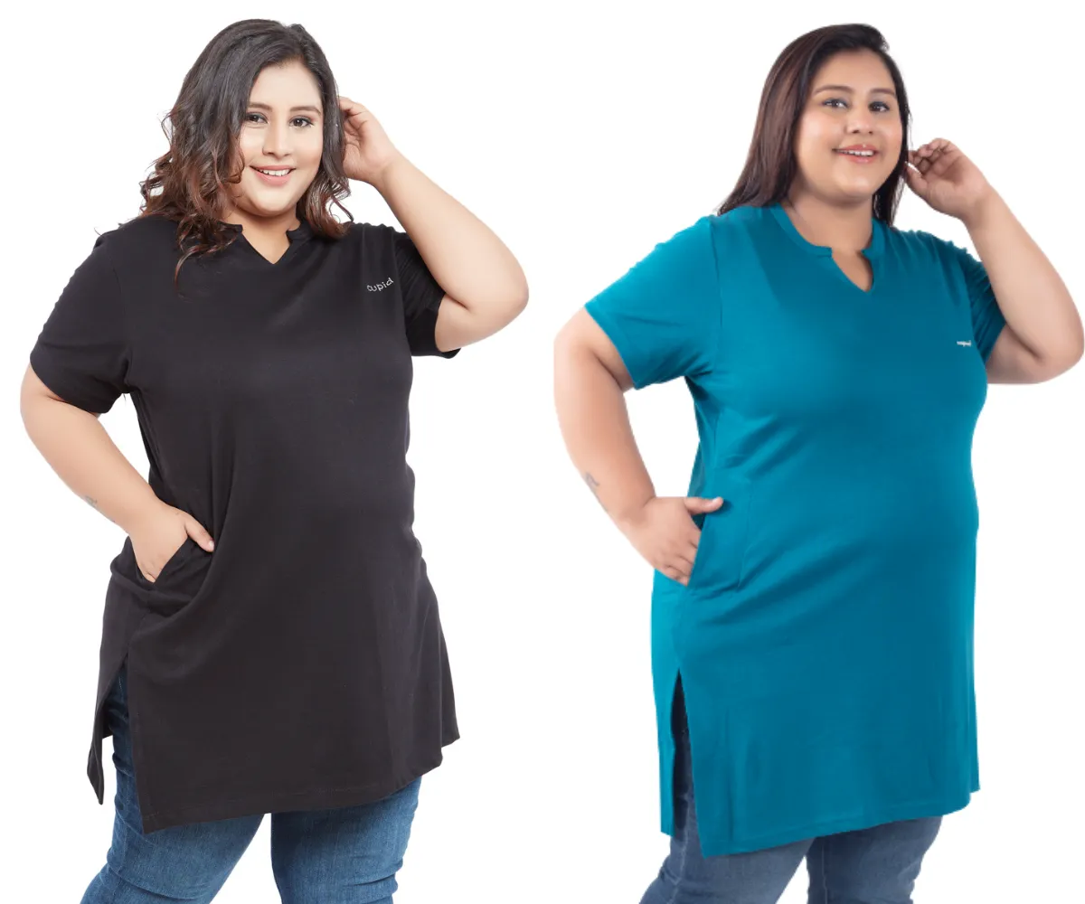 Plus Size Half Sleeves Long Tops For Women - Pack of 2 (Black & Teal)