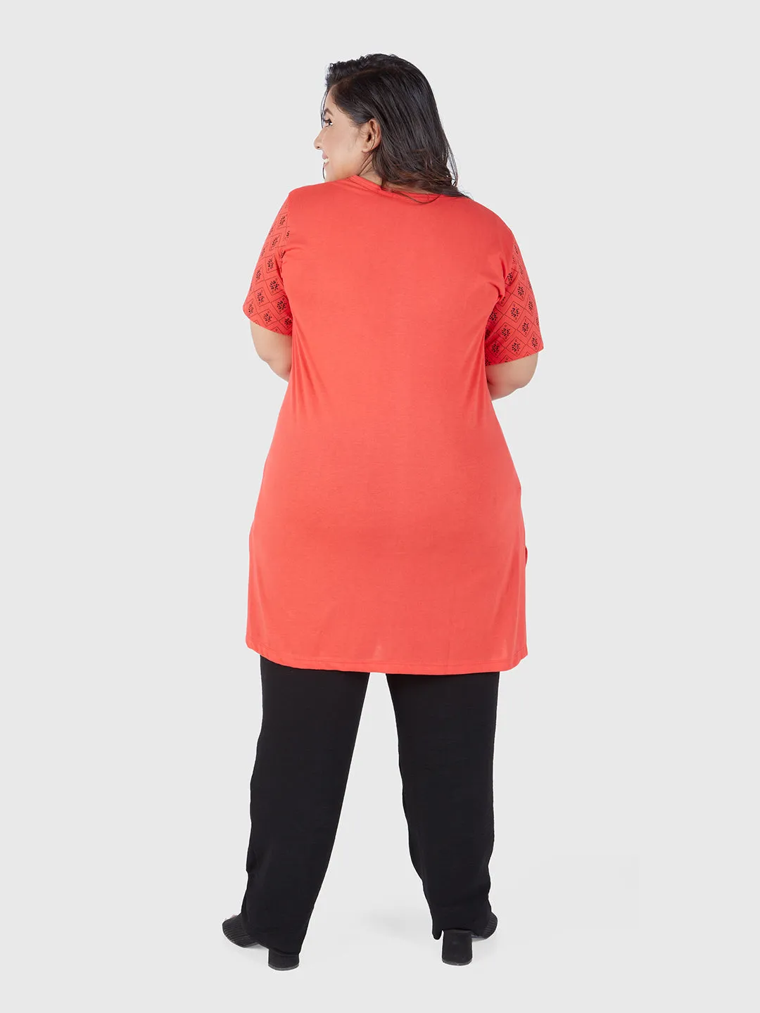 Plus Size Printed Long Tops For Women Cotton Half Sleeves - Red