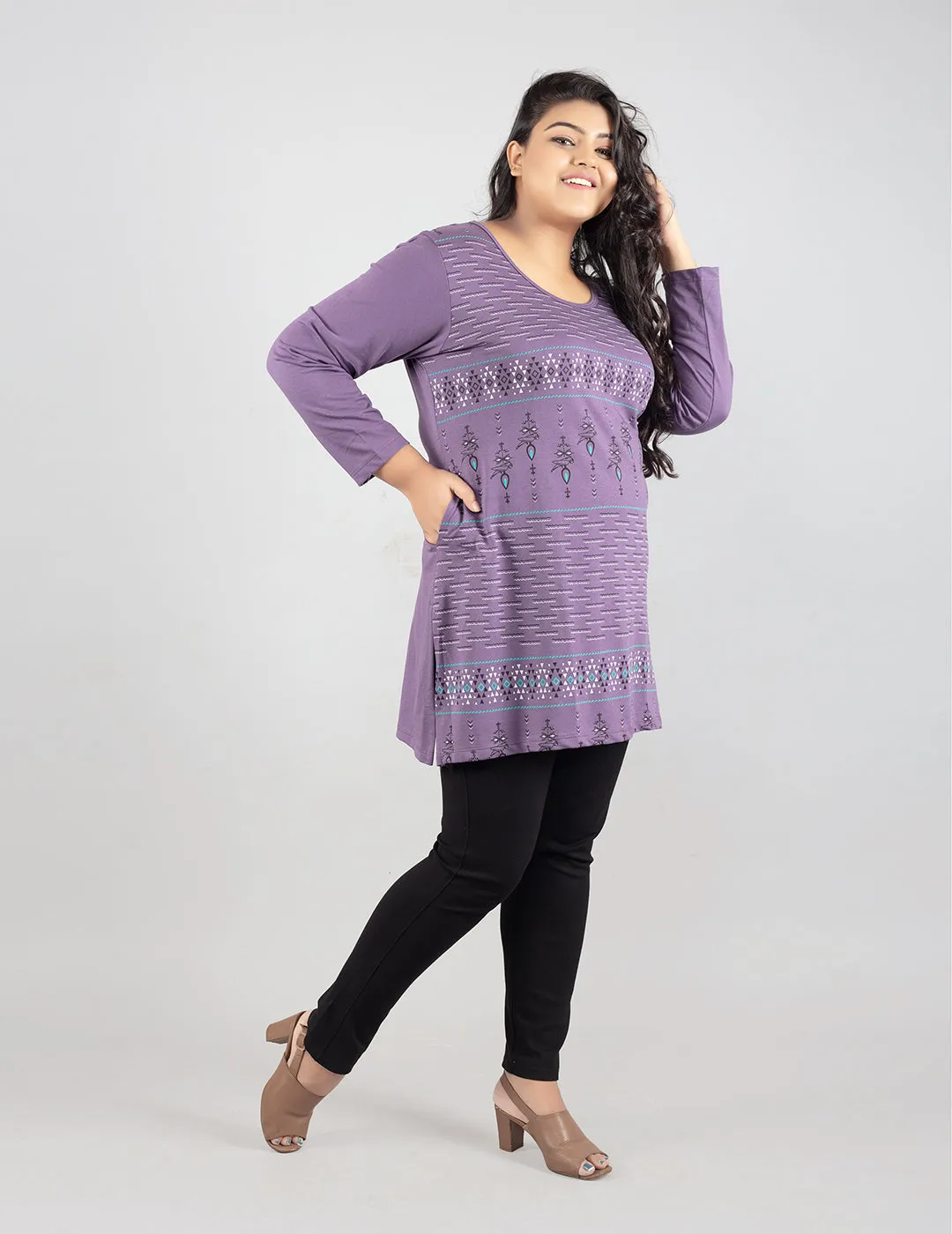 Plus Size Printed Long Tops For Women Full Sleeves T-shirts - Lavender