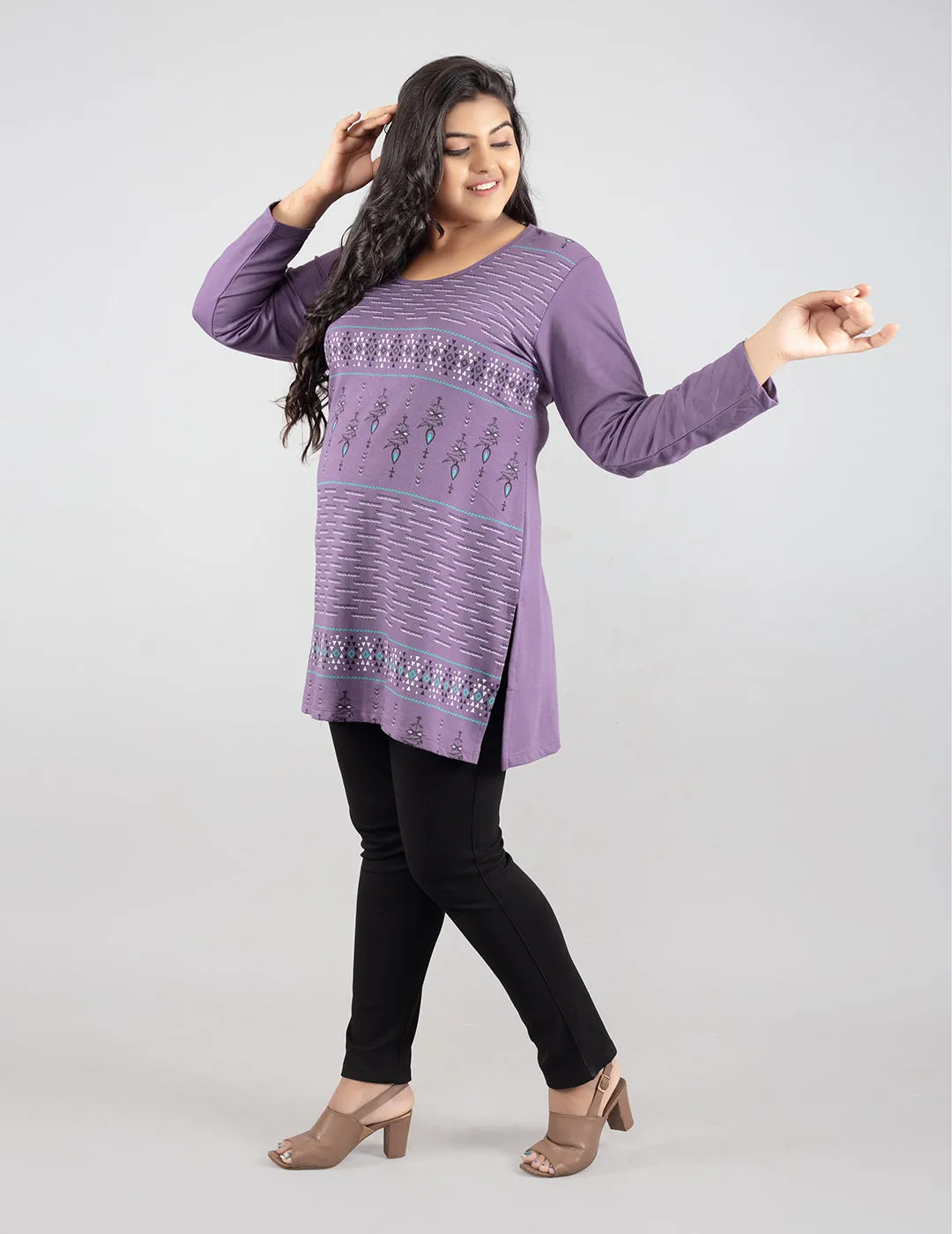 Plus Size Printed Long Tops For Women Full Sleeves T-shirts - Lavender