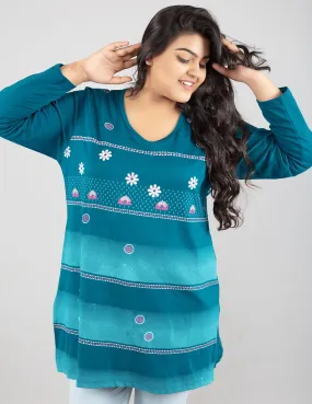 Plus Size Printed Long Tops For Women Full Sleeves T-shirts - Teal Blue