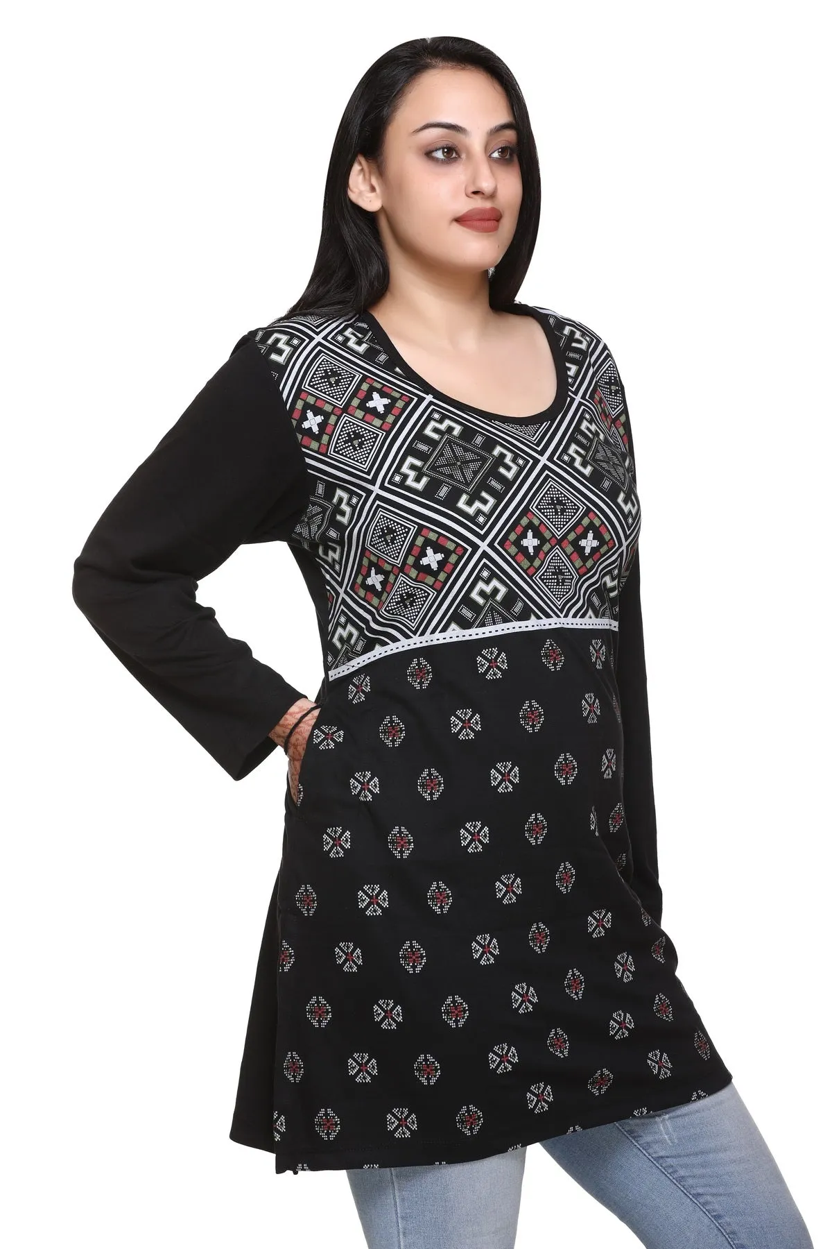 Plus Size Printed Long Tops For Women Full Sleeves T-shirts