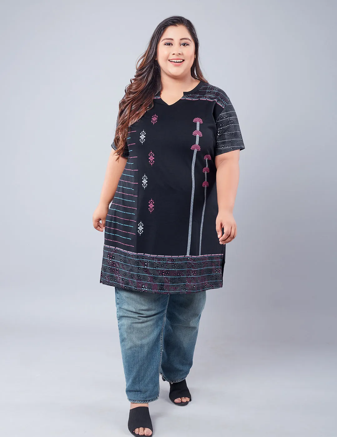 Plus Size Printed Long Tops For Women Half Sleeves - Black