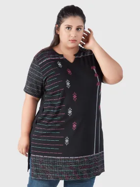 Plus Size Printed Long Tops For Women Half Sleeves - Black