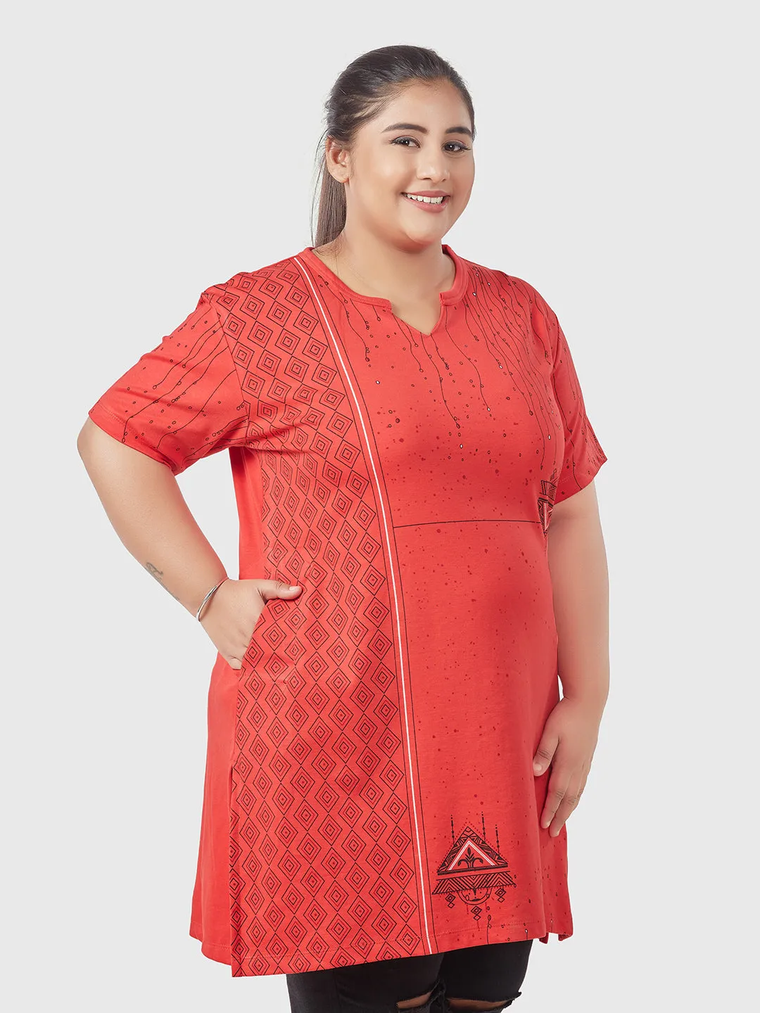 Plus Size Printed Long Tops For Women Half Sleeves - Red