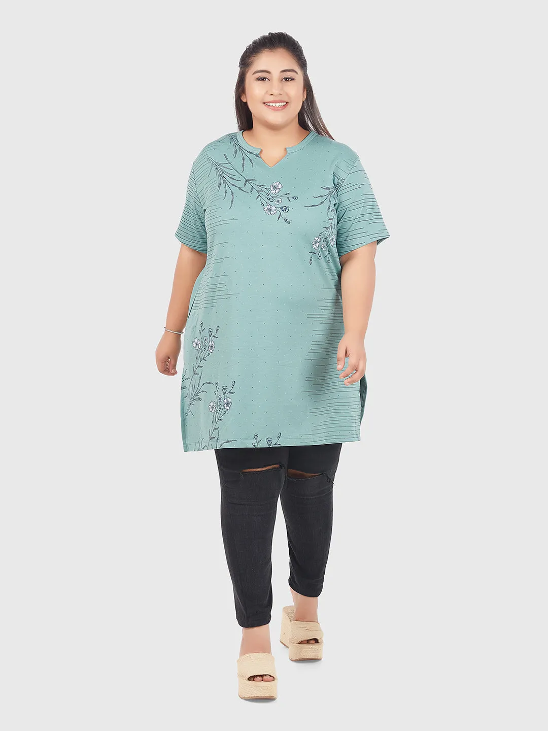 Plus Size Printed Long Tops For Women Half Sleeves - Sage