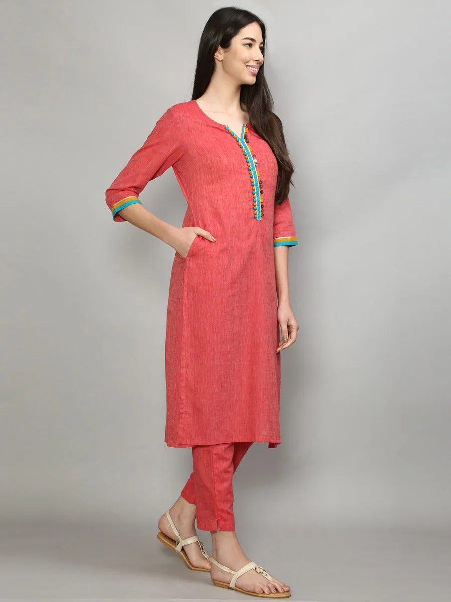 Pretty Coral Solid Kurta Trouser Dupatta