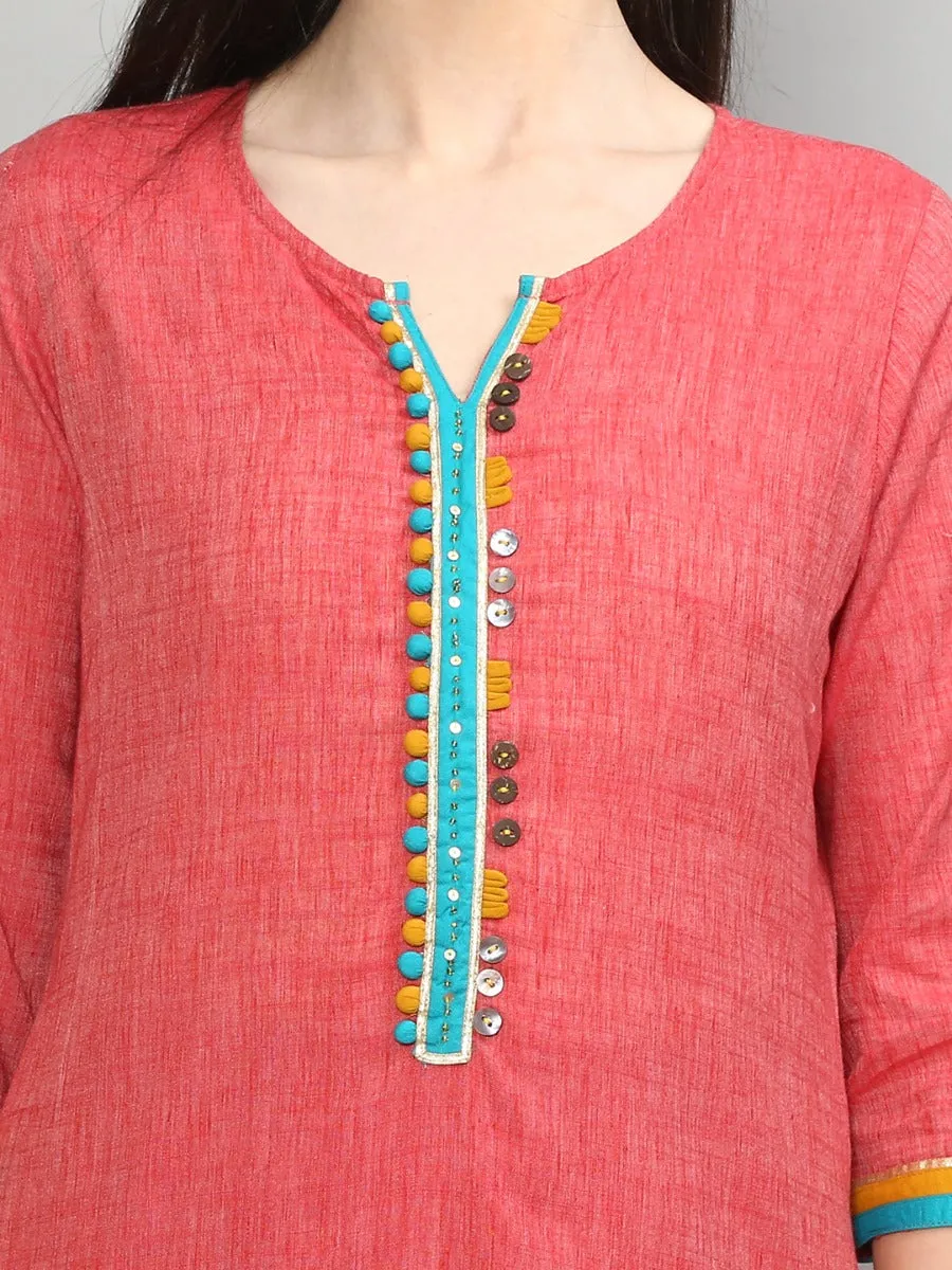 Pretty Coral Solid Kurta Trouser Dupatta