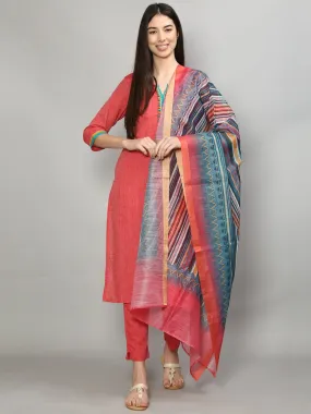 Pretty Coral Solid Kurta Trouser Dupatta