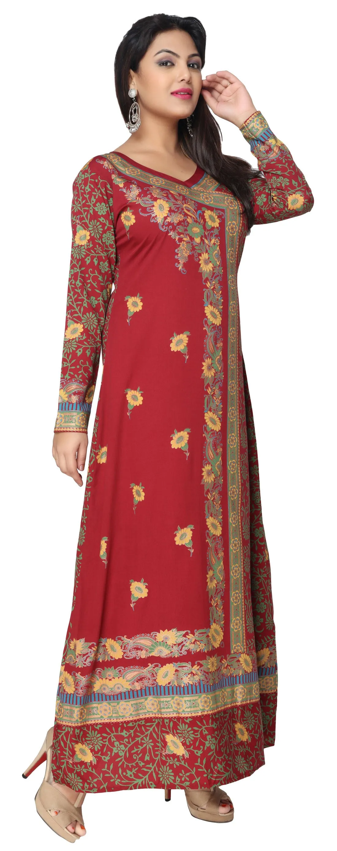 Printed Evening Kaftan Womens Long Dress Abayas (Red)