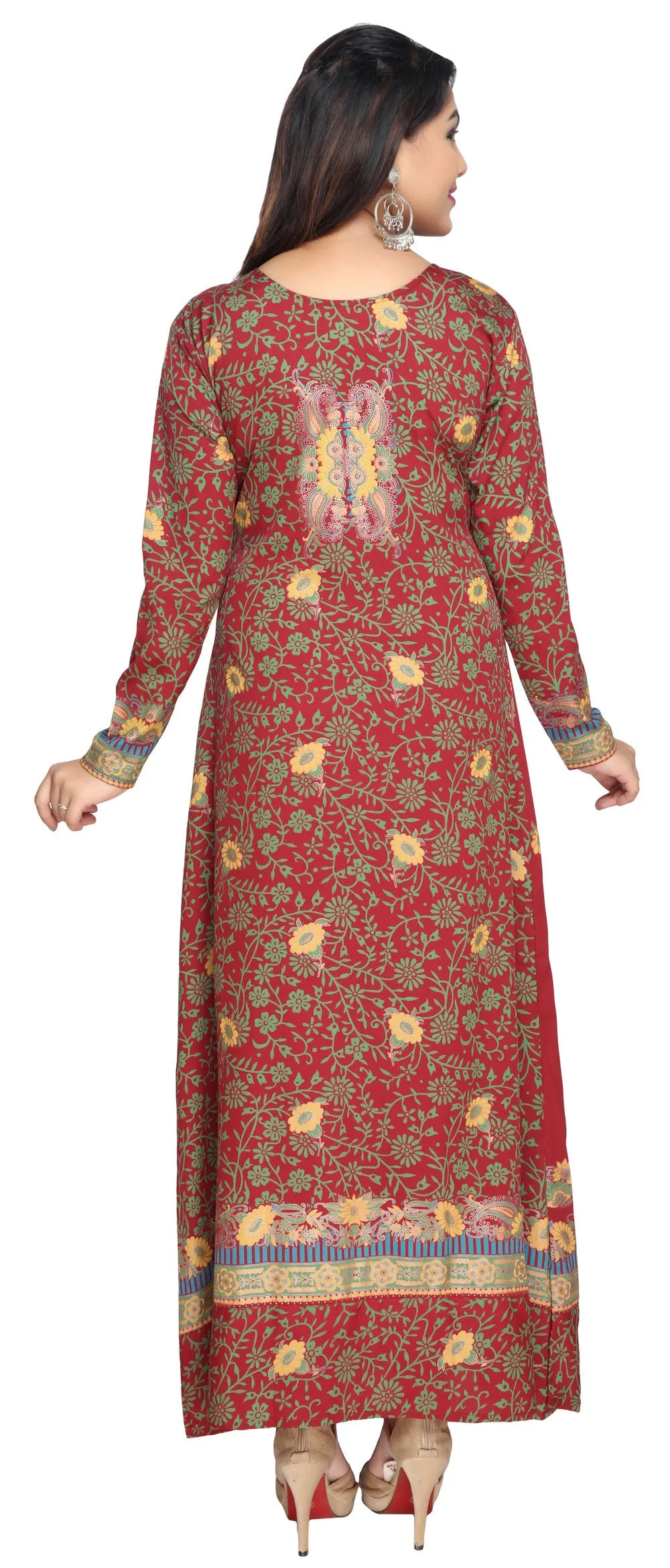 Printed Evening Kaftan Womens Long Dress Abayas (Red)