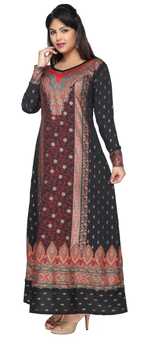 Printed Womens Caftan Long Evening Dress (Black-Red)