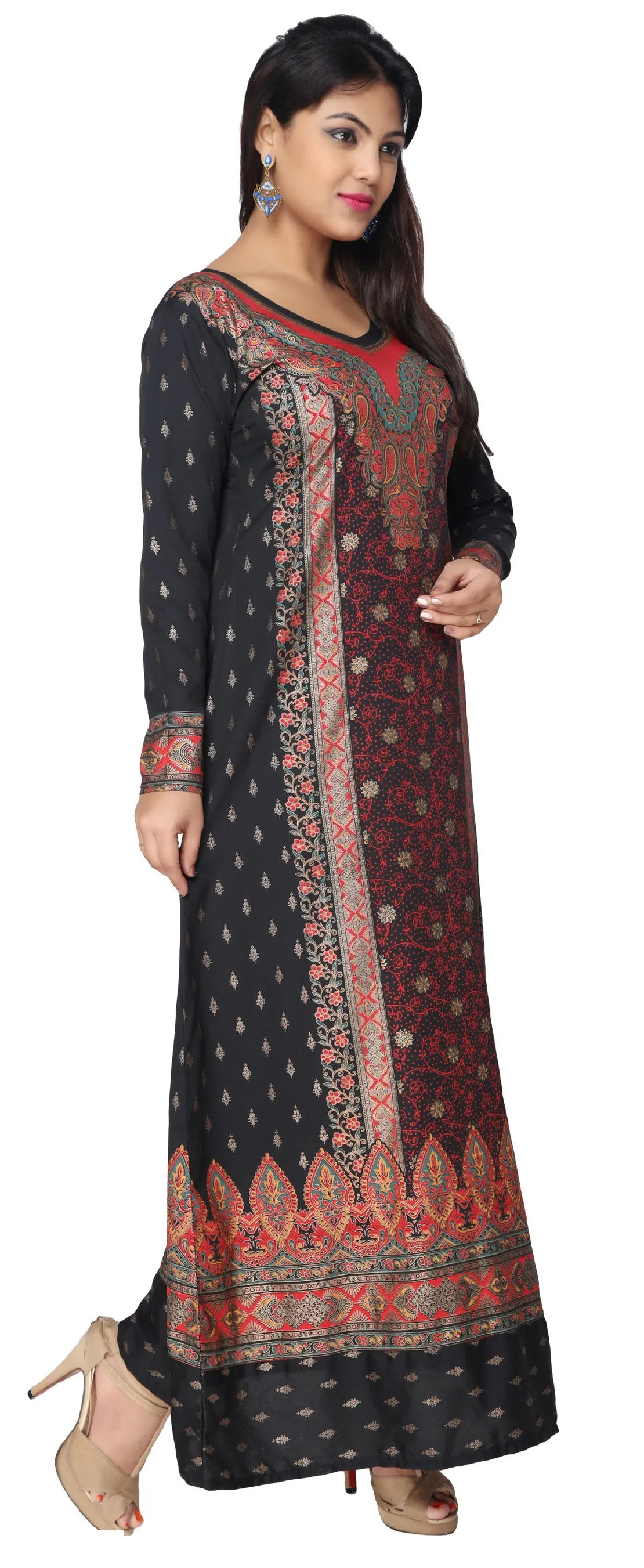 Printed Womens Caftan Long Evening Dress (Black-Red)