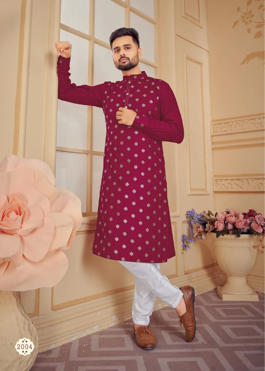 Red Cotton Men's Kurta with Pajama