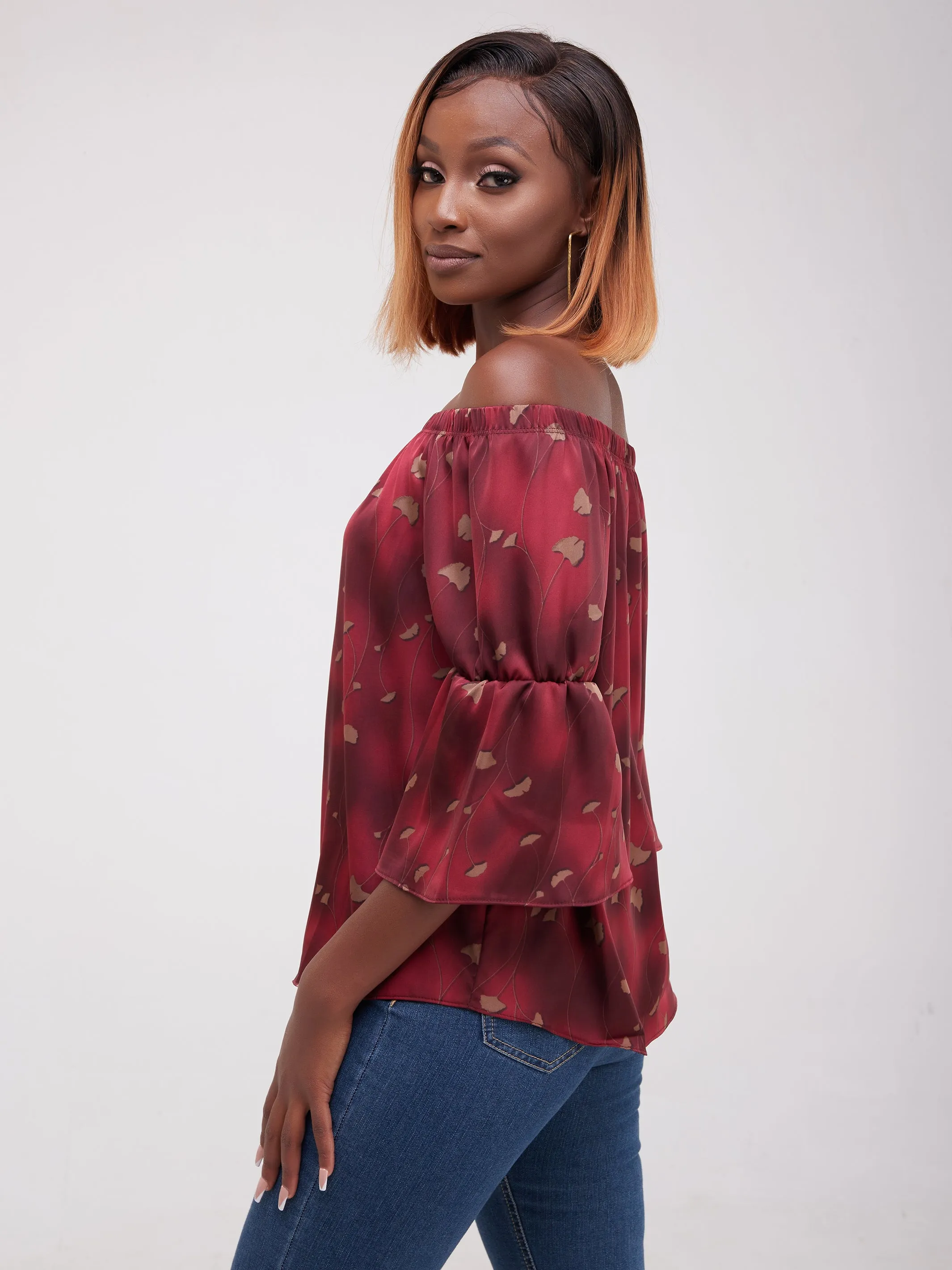 Safari Ayana Off Shoulder 3/4 Sleeved Top - Maroon Print