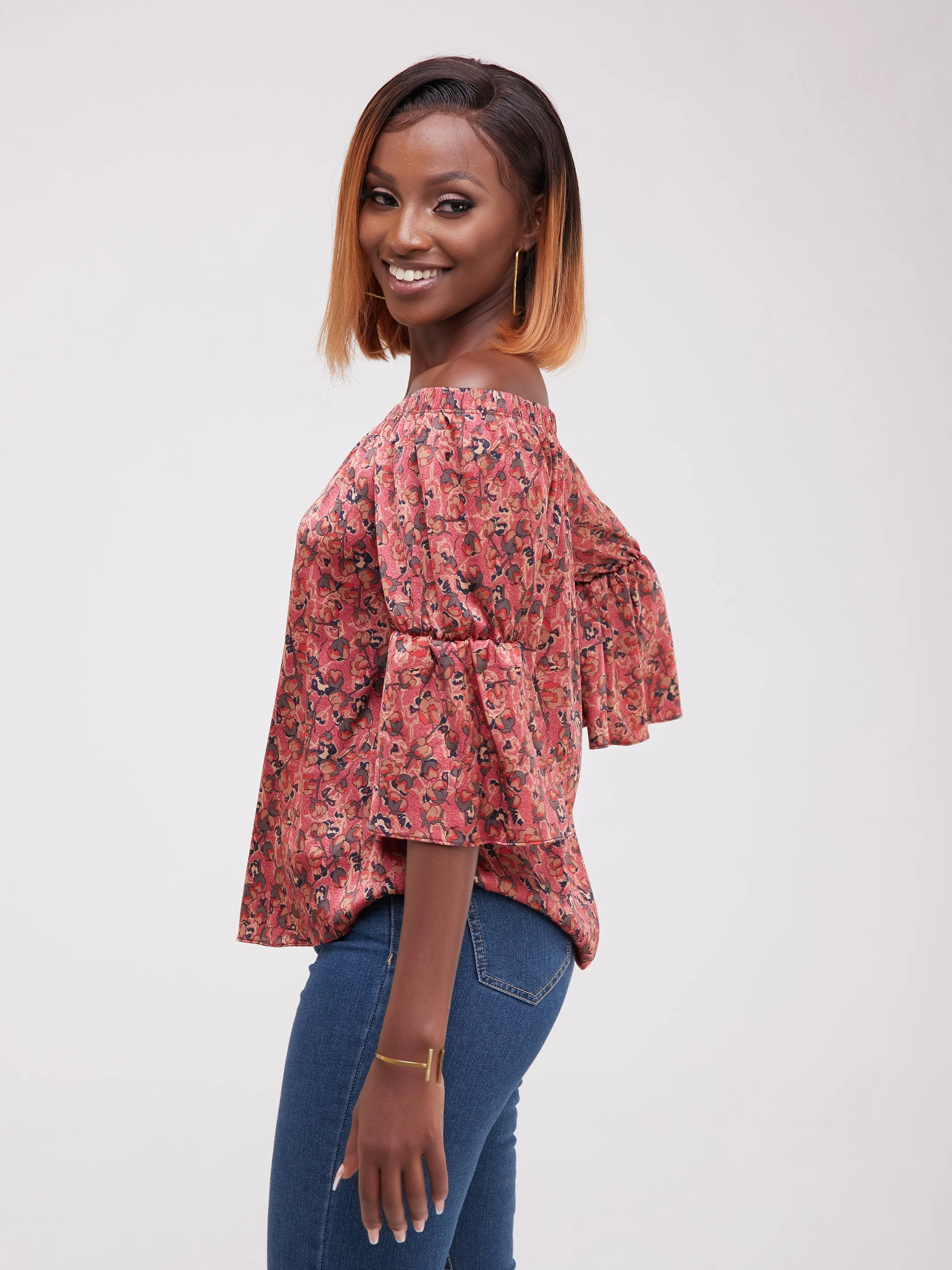 Safari Ayana Off Shoulder 3/4 Sleeved Top - Red Print