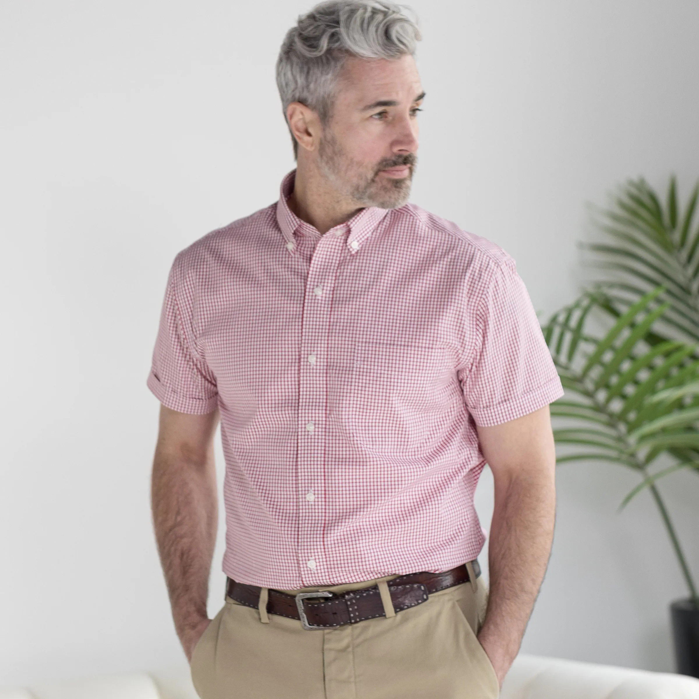 Short Sleeve Red and White ‘Heights’ Cotton Shirt with Magnetic Closures