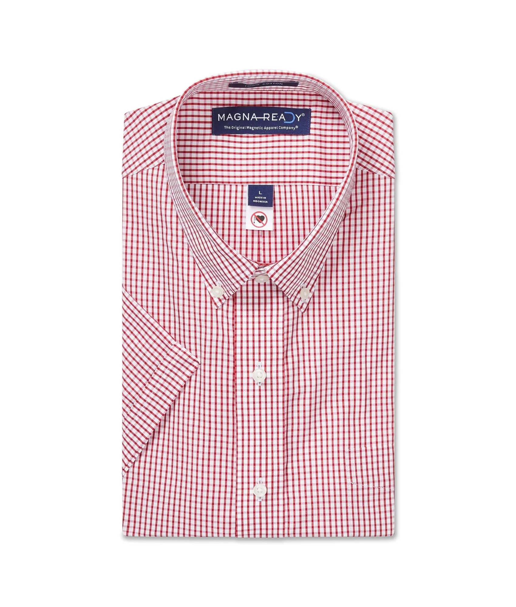 Short Sleeve Red and White ‘Heights’ Cotton Shirt with Magnetic Closures