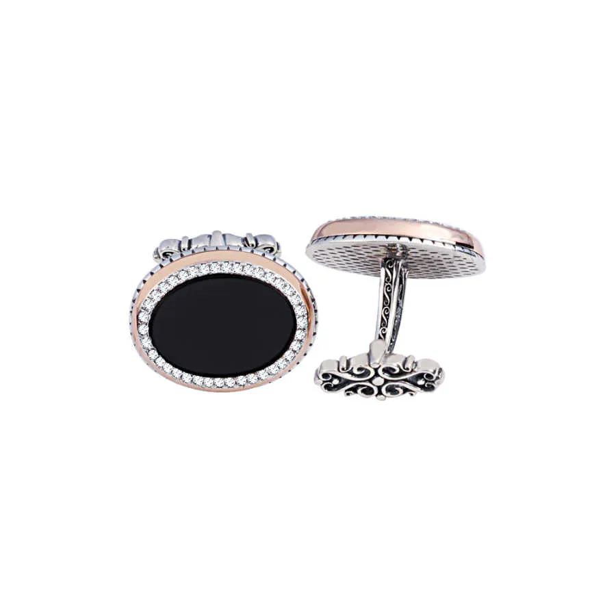 Silver White Zircon Stone Onyx Oval Cufflink