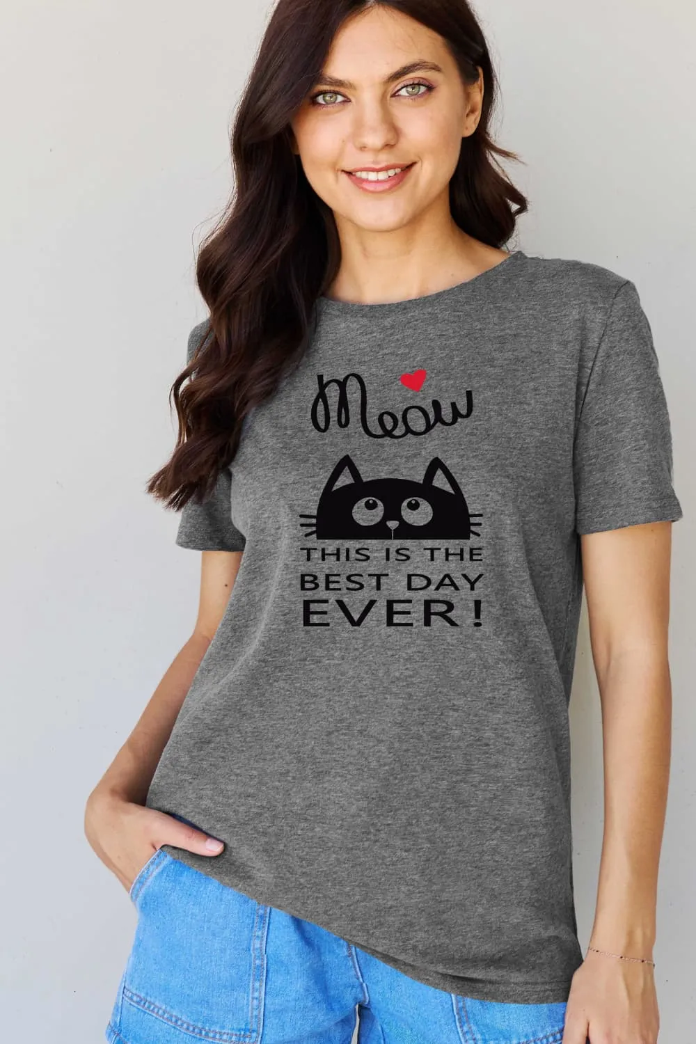 Simply Love Full Size MEOW THIS IS THE BEST DAY EVER! Graphic Cotton T-Shirt