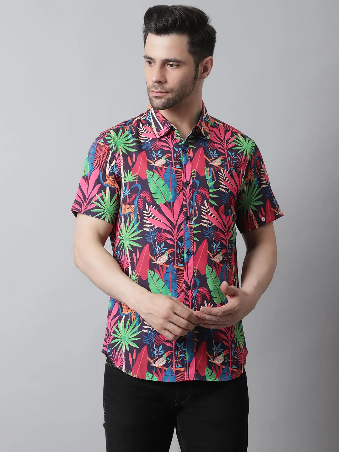 Style Quotient Men Red and Multi Tropical Print Polyester Relaxed Smart Casual  Shirt