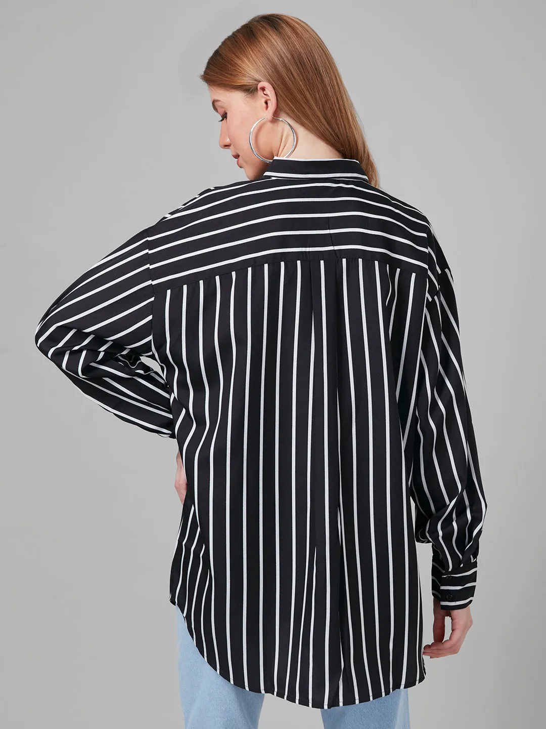 Style Quotient Women Black and White Stripe Printed Poly Crepe Oversized Casual  Shirt